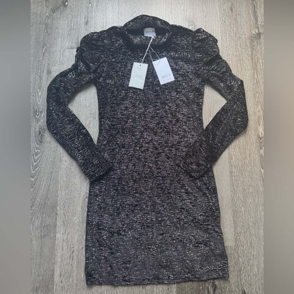MISA Los Angeles NWT Black Metallic Long Sleeve Bodycon Dress S